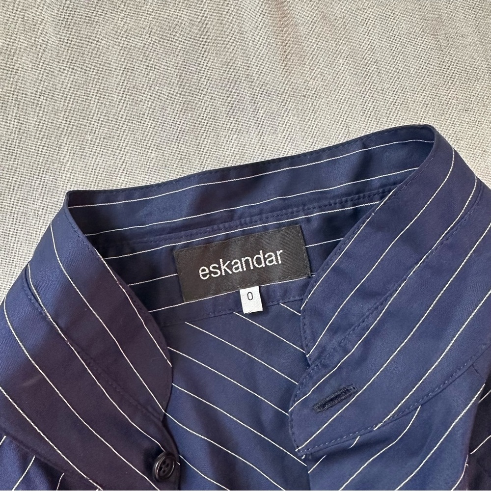 Eskandar Double Stand Collar Botton Shirt Navy Stripe Patchwork Cotton Luxury - Picture 6 of 13